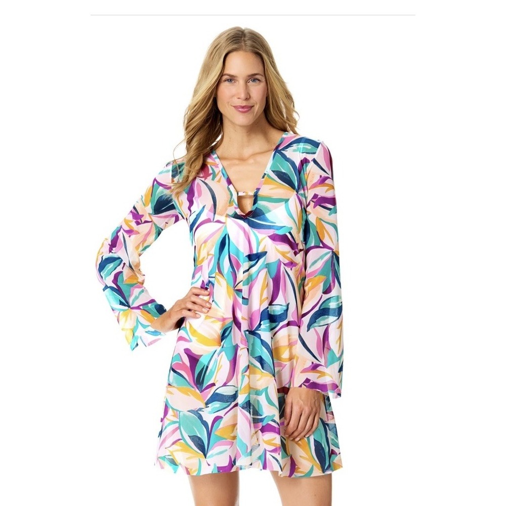 Women's Plus Mexican Riviera Flounce V Neck Tunic Swimsuit Cover Up NWT M